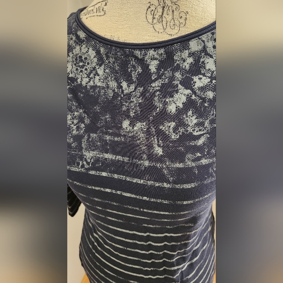 ESPRIT navy and grey 3/4 sleeve boat neck top in size S - Picture 3 of 9